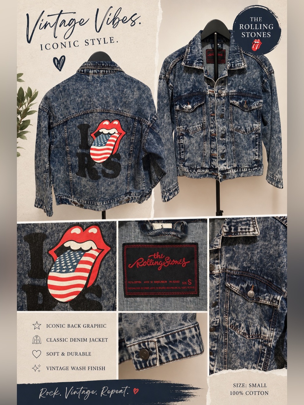 The Rolling Stones Acid Wash Denim Jacket Small USA Flag Tongue Logo Official